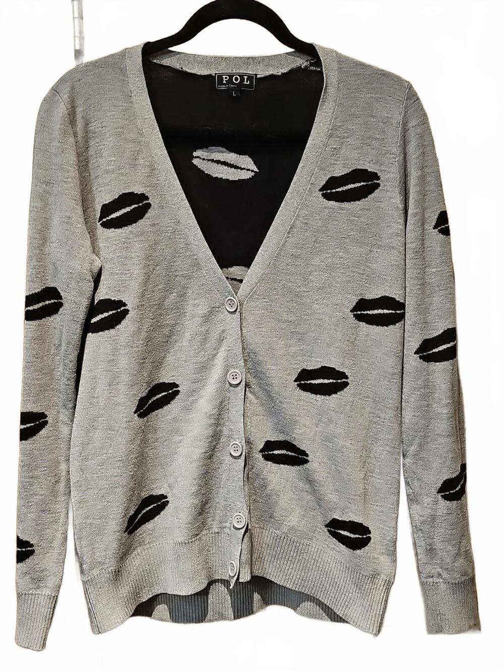 POL Hot Lips Print Button Cardigan Sweater Size L